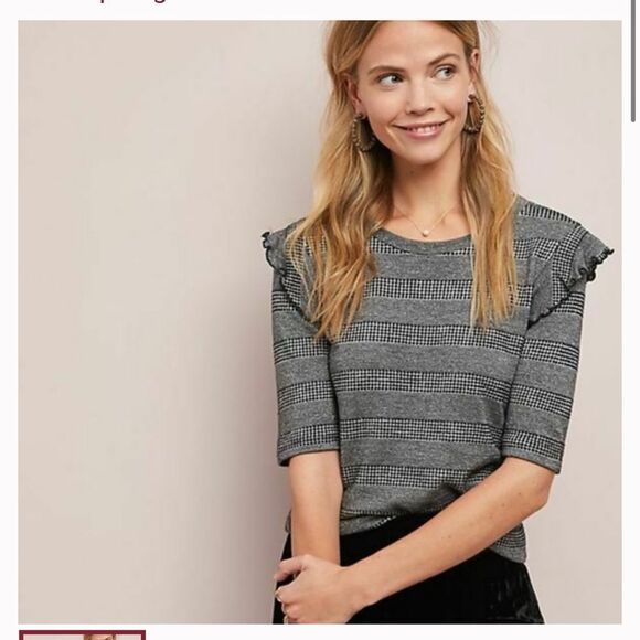 Anthropologie Sol Angeles Gray Striped Metallic Ruffle Short Sleeve Blouse - Picture 1 of 6